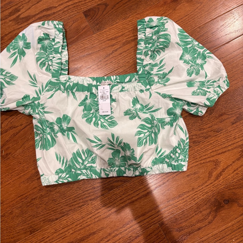 American Eagle Outfitters White and Green Crop Blouse